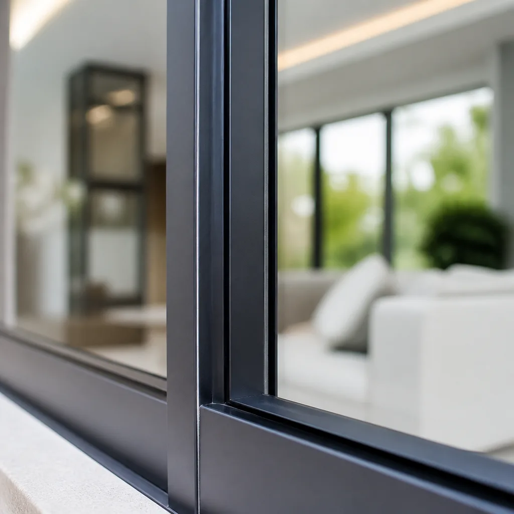 Close-up of sleek dark metal frame on modern impact window