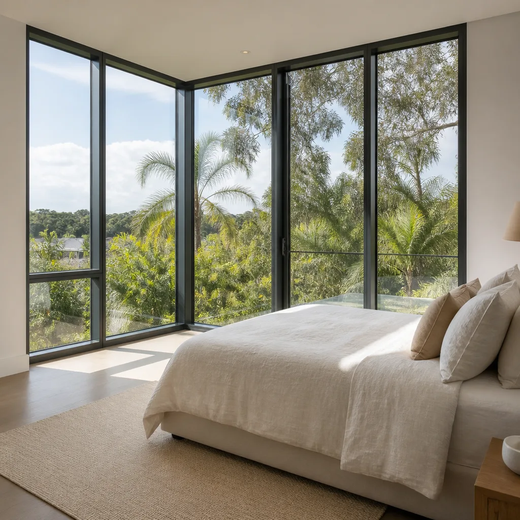 Modern floor-to-ceiling corner window installation in a contemporary bedroom